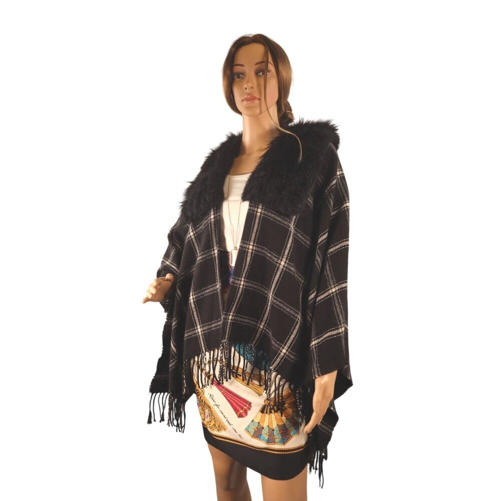 J. Crew Faux‎ Fur Plaid Cape Scarf & Fringe Trim One Size Holiday 2022